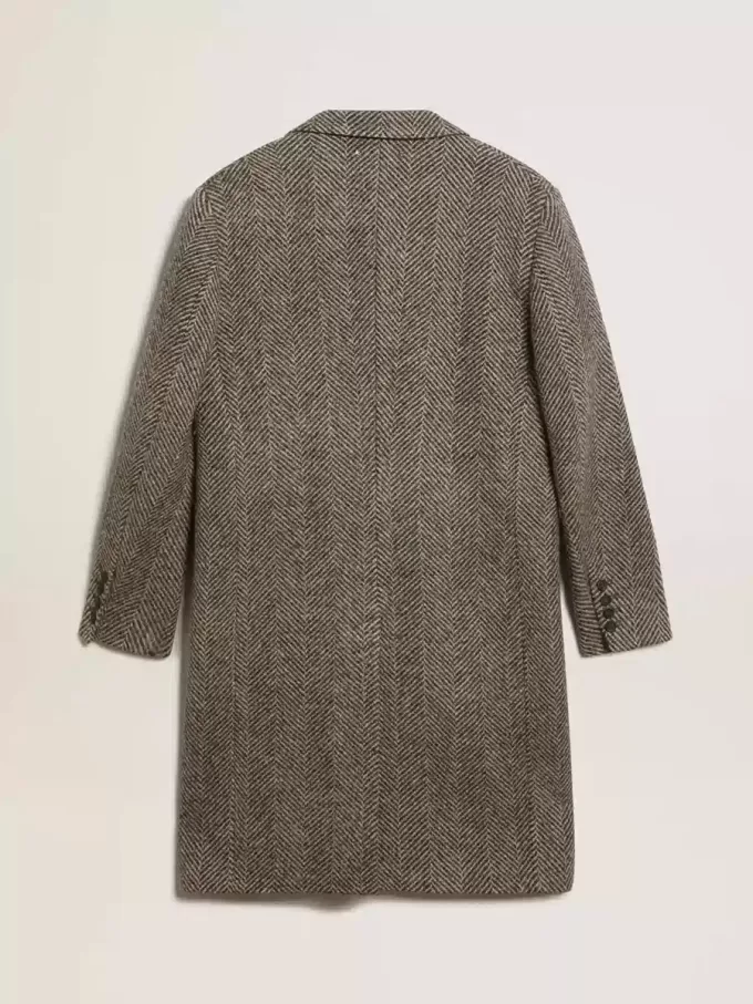 Enkelrijige wollen jas voor heren met beige en grijs visgraatmotief