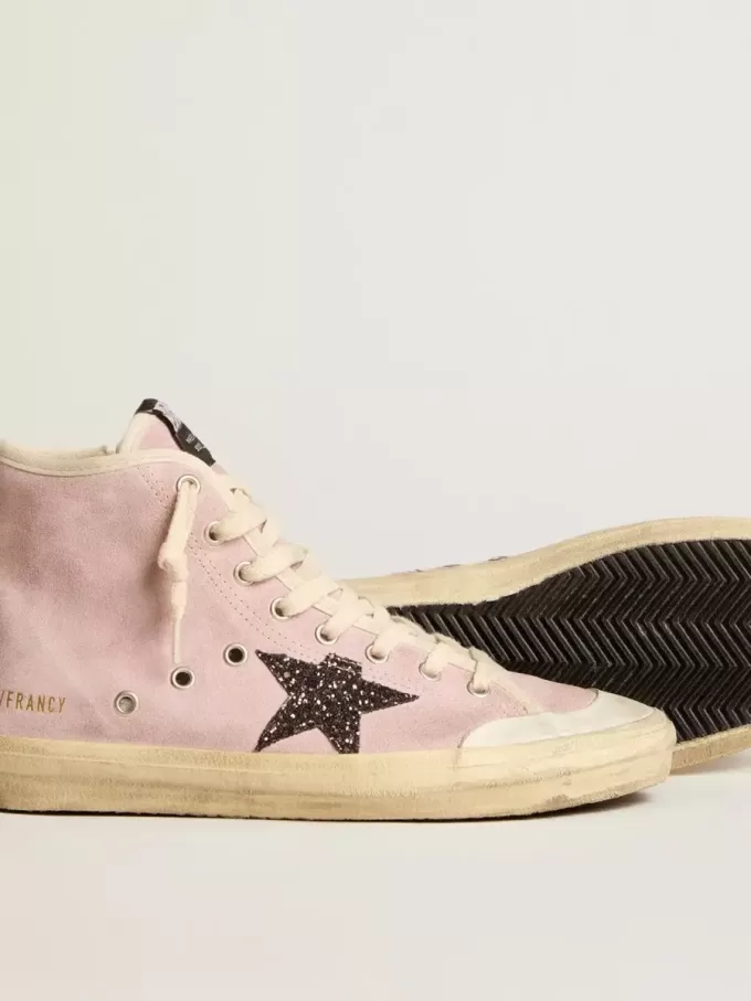 Francy Penstar voor dames in roze suède met grijze glitterster