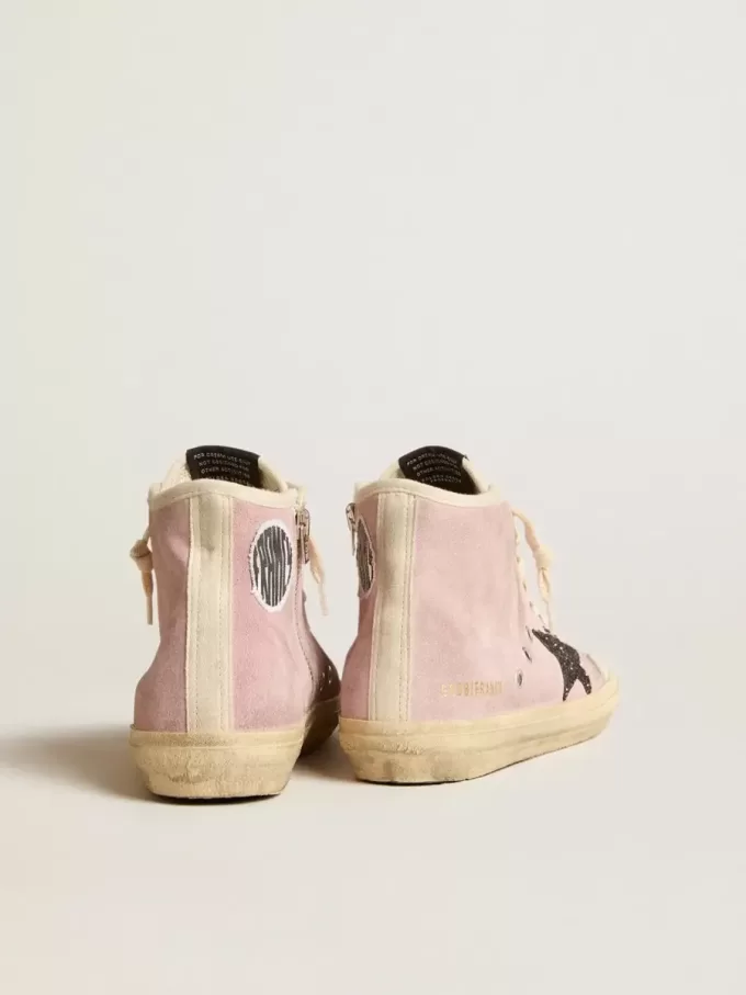 Francy Penstar voor dames in roze suède met grijze glitterster