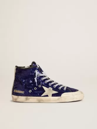 Francy Penstar voor heren in blauwe pailletten met ijsgrijze suède ster