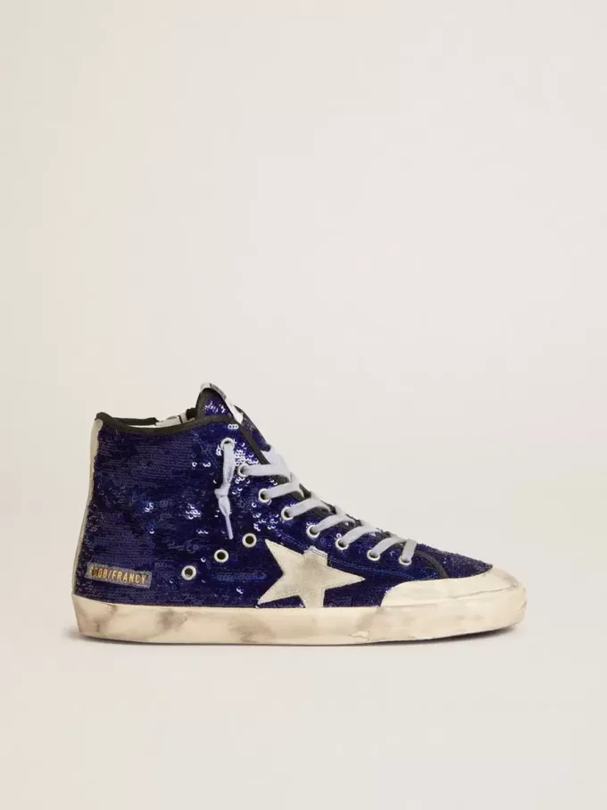 Francy Penstar voor heren in blauwe pailletten met ijsgrijze suède ster