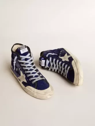 Francy Penstar voor heren in blauwe pailletten met ijsgrijze suède ster