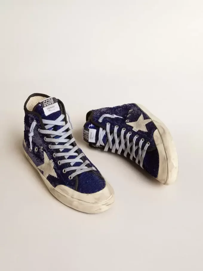 Francy Penstar voor heren in blauwe pailletten met ijsgrijze suède ster