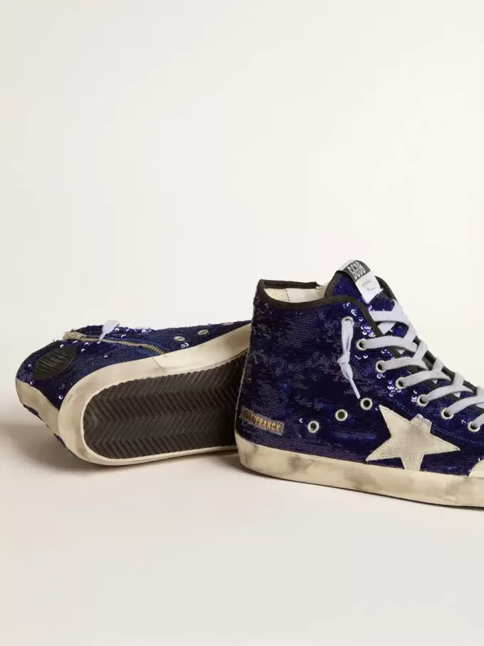 Francy Penstar voor heren in blauwe pailletten met ijsgrijze suède ster