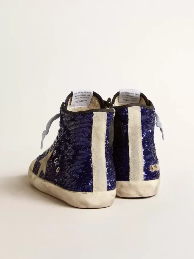 Francy Penstar voor heren in blauwe pailletten met ijsgrijze suède ster