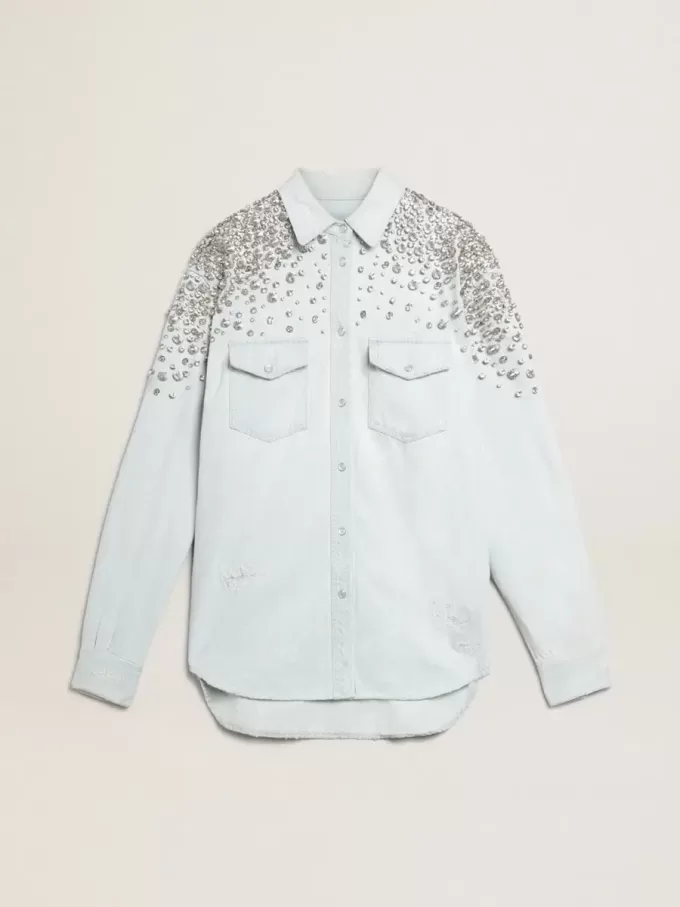 Gebleekte boyfriend-shirt voor dames met cabochon-kristallen