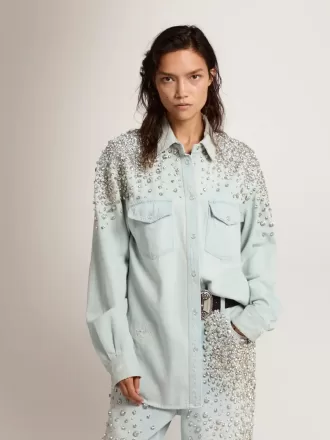 Gebleekte boyfriend-shirt voor dames met cabochon-kristallen