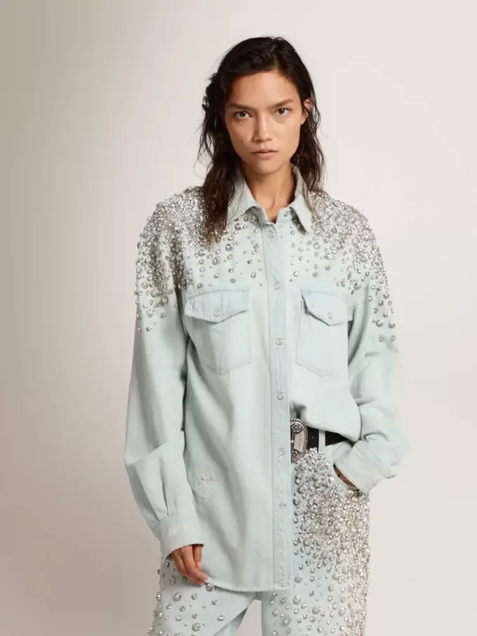 Gebleekte boyfriend-shirt voor dames met cabochon-kristallen