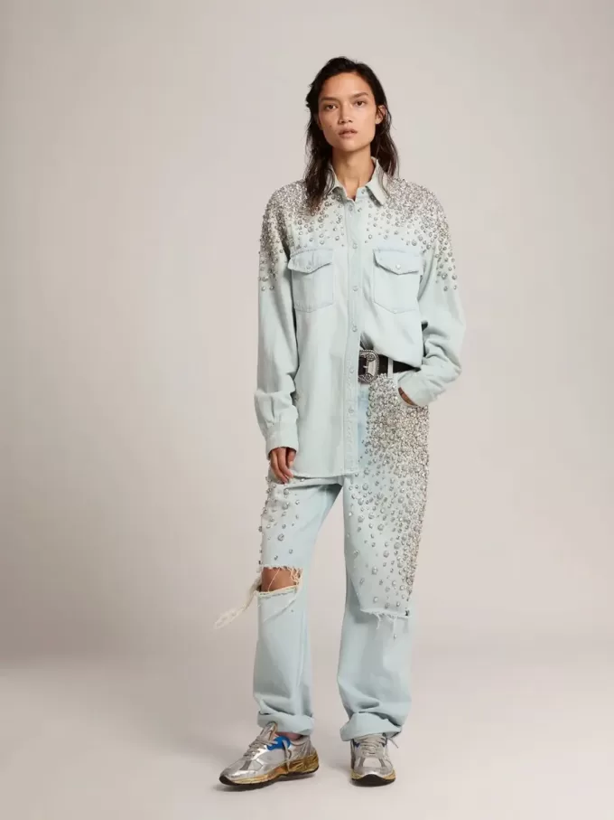 Gebleekte boyfriend-shirt voor dames met cabochon-kristallen