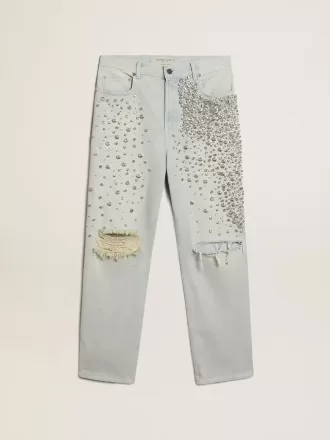 Gebleekte damesjeans met cabochonkristallen
