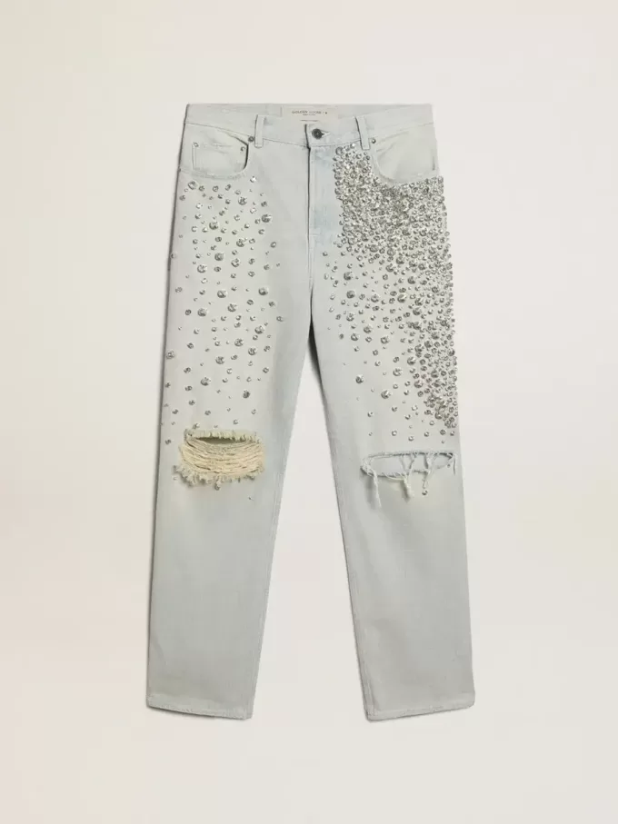 Gebleekte damesjeans met cabochonkristallen