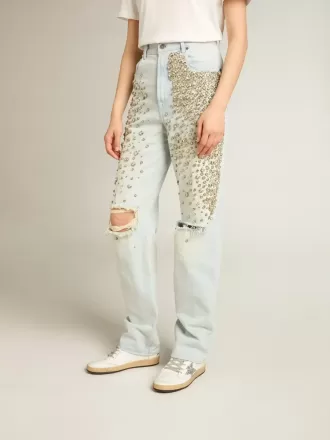 Gebleekte damesjeans met cabochonkristallen