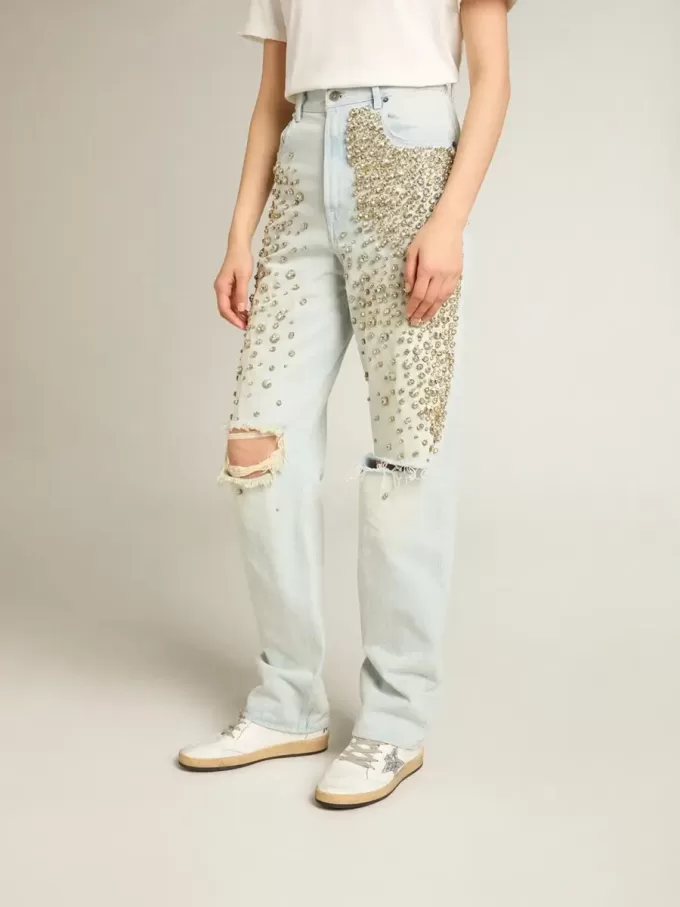 Gebleekte damesjeans met cabochonkristallen
