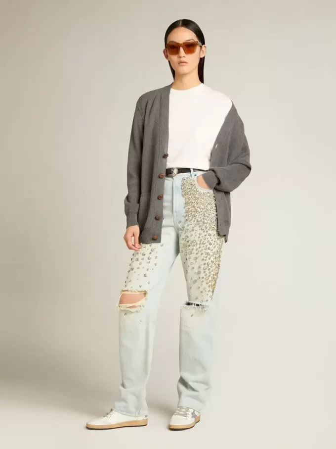 Gebleekte damesjeans met cabochonkristallen