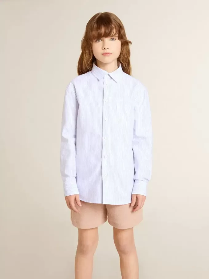 Gestreepte blouse voor meisjes met geborduurde letters op de zak