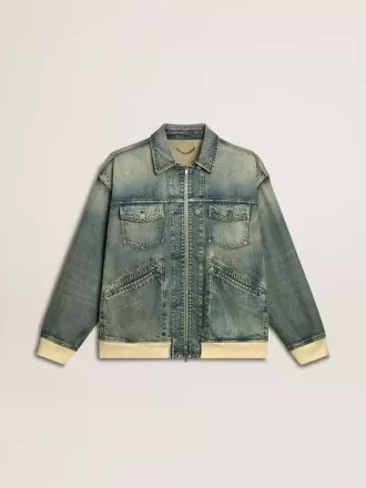 Gewassen denim jas voor heren met ribboorden van wolmix