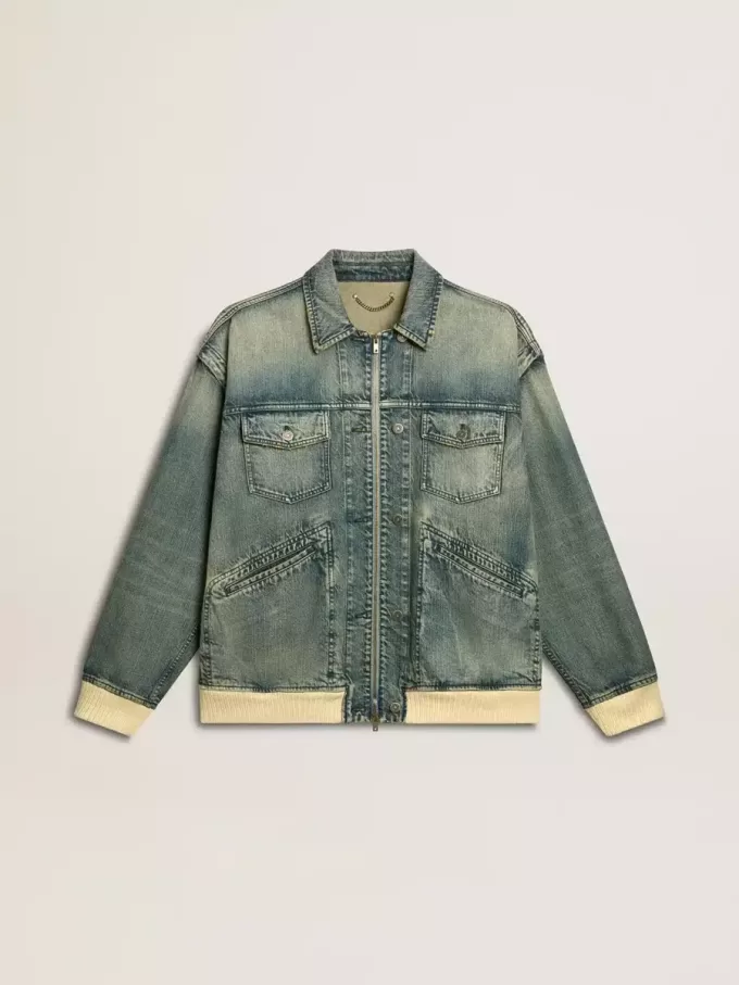 Gewassen denim jas voor heren met ribboorden van wolmix