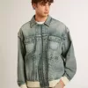 Gewassen denim jas voor heren met ribboorden van wolmix