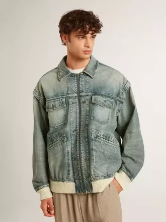 Gewassen denim jas voor heren met ribboorden van wolmix