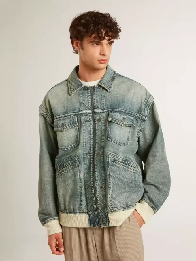Gewassen denim jas voor heren met ribboorden van wolmix