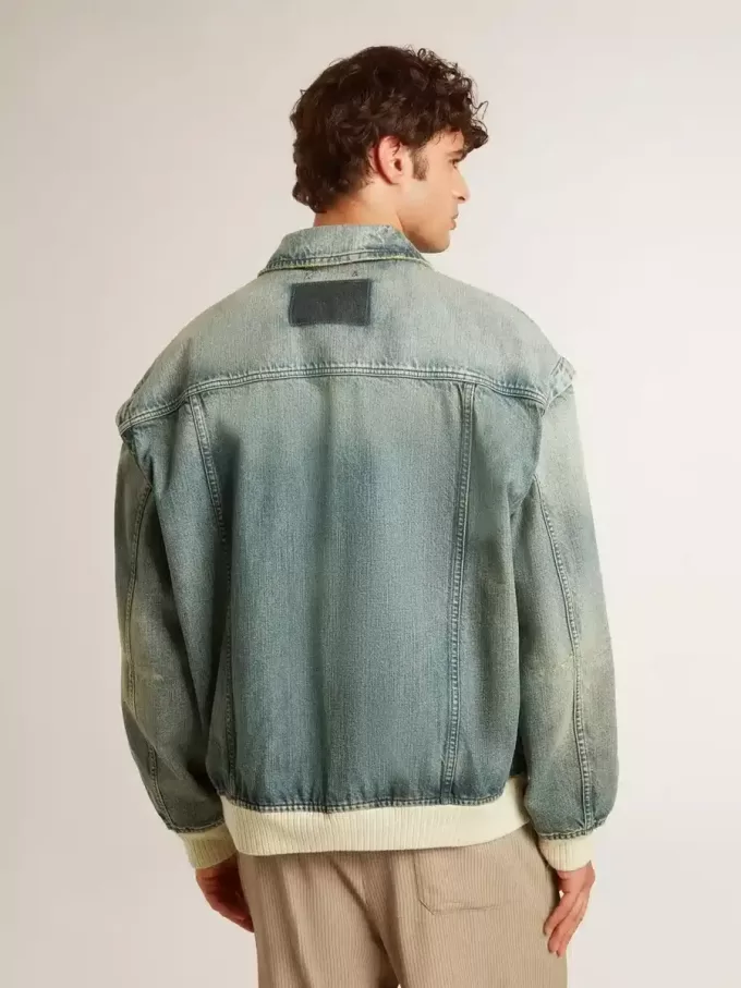 Gewassen denim jas voor heren met ribboorden van wolmix