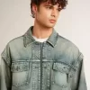 Gewassen denim jas voor heren met ribboorden van wolmix