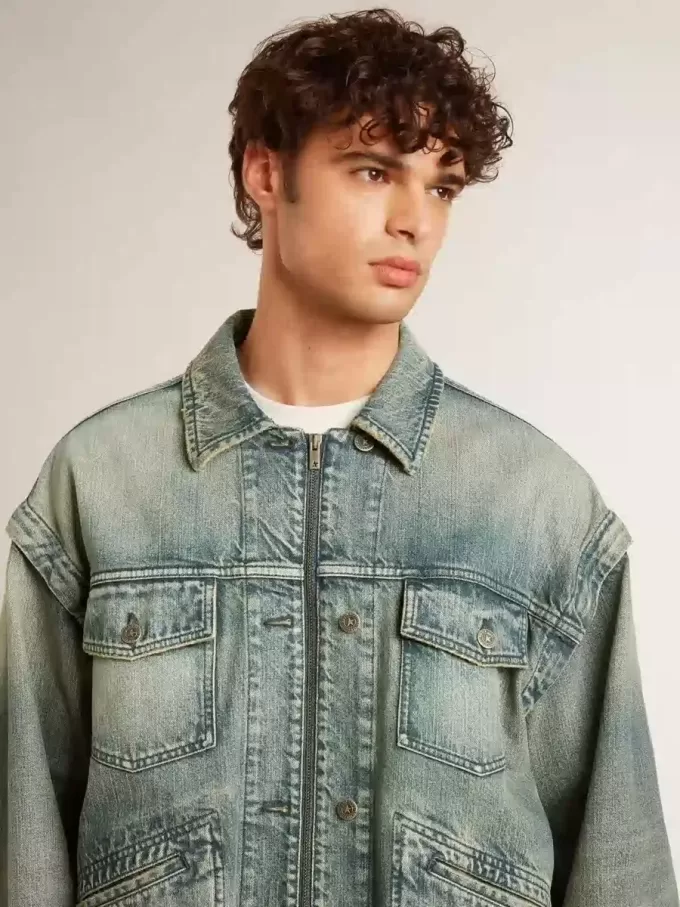Gewassen denim jas voor heren met ribboorden van wolmix