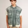 Gewassen denim jas voor heren met ribboorden van wolmix