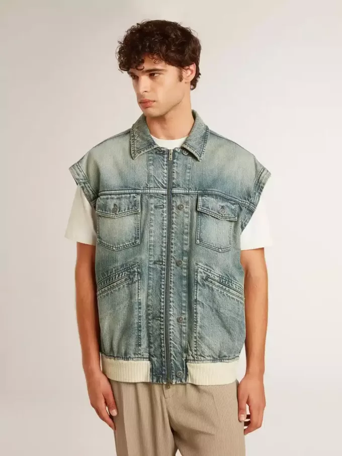 Gewassen denim jas voor heren met ribboorden van wolmix