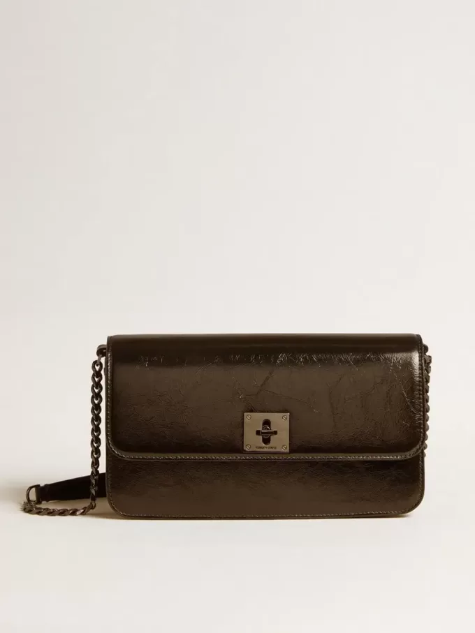 Gioia-tas in glanzend zwart leer met metalen details