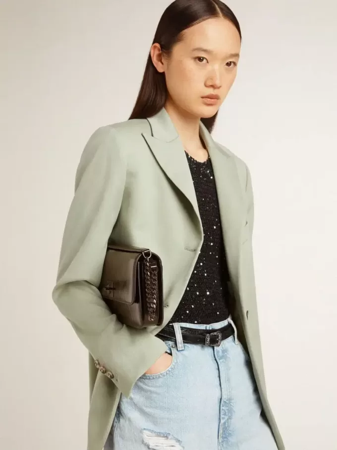 Gioia-tas in glanzend zwart leer met metalen details