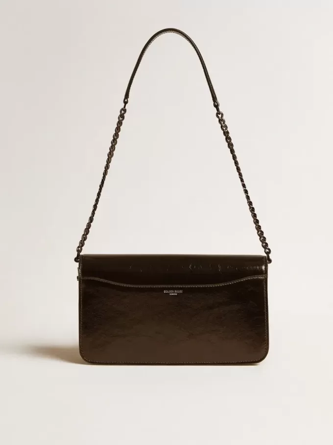 Gioia-tas in glanzend zwart leer met metalen details