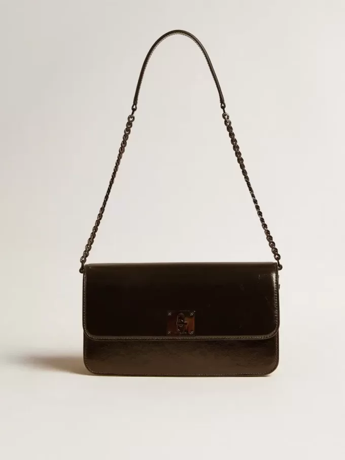 Gioia-tas in glanzend zwart leer met metalen details