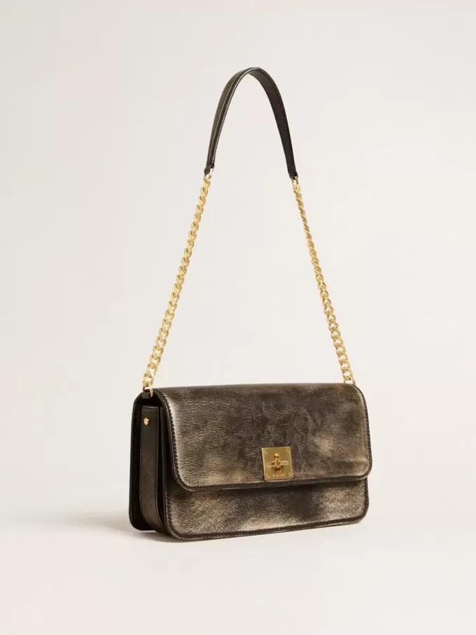 Gioia-tas in zwart vintage leer met gouden details