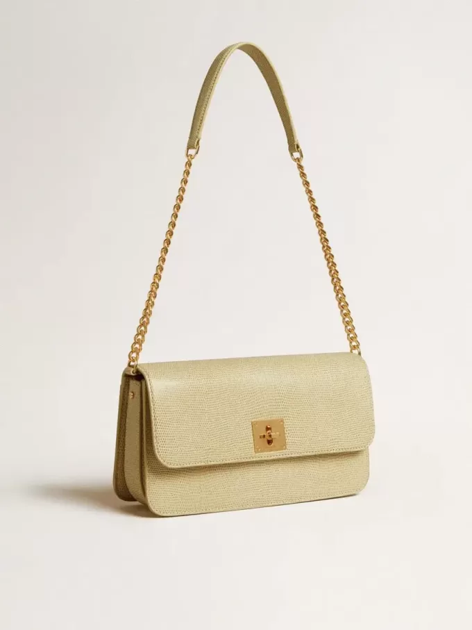 Gioia-tas van mineraalgrijs schapenleer met gouden details
