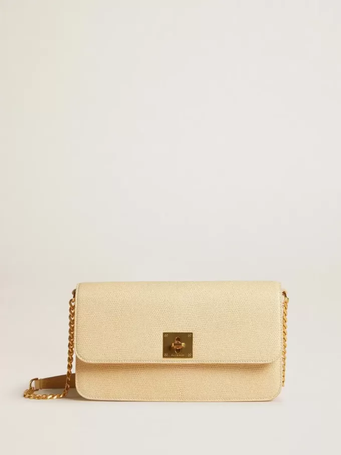 Gioia-tas van vanillekleurig schapenleer met gouden details