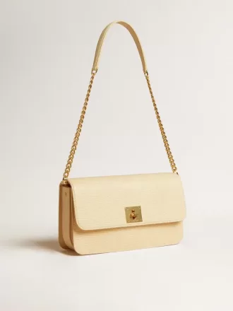 Gioia-tas van vanillekleurig schapenleer met gouden details