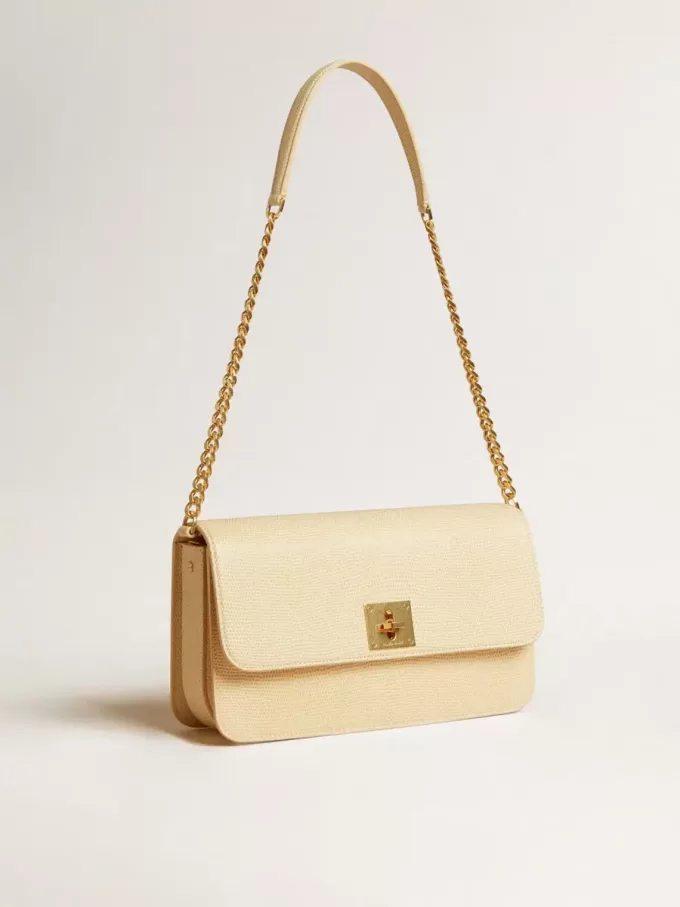 Gioia-tas van vanillekleurig schapenleer met gouden details