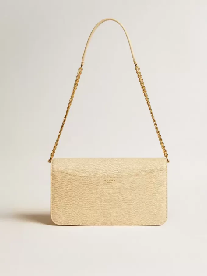 Gioia-tas van vanillekleurig schapenleer met gouden details