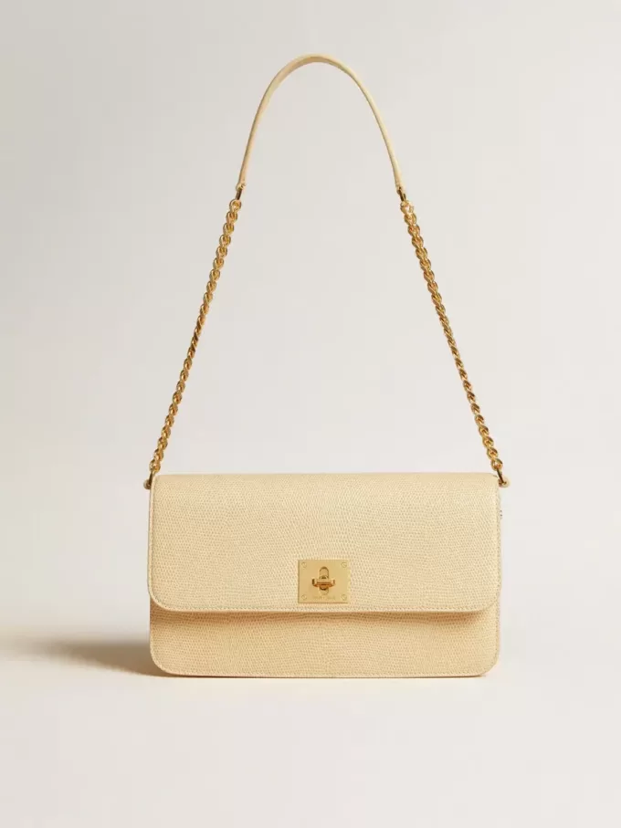 Gioia-tas van vanillekleurig schapenleer met gouden details