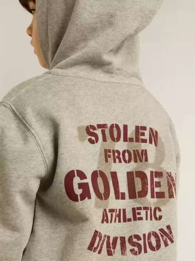 Grijs gemêleerd sweatshirt met capuchon en print op de rug