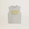 Grijs mouwloos T-shirt voor dames met gele print