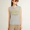 Grijs mouwloos T-shirt voor dames met gele print