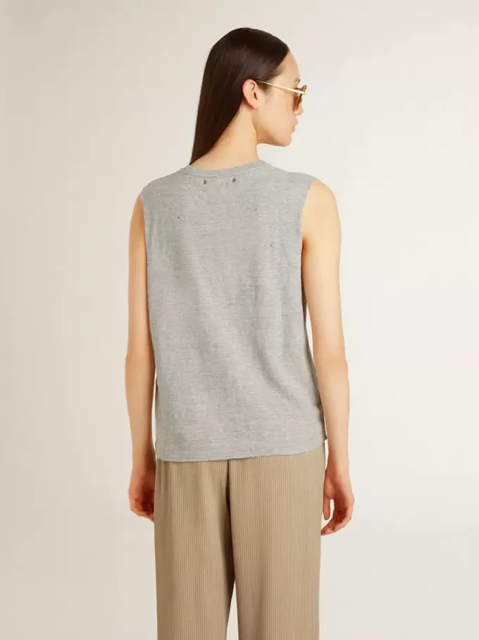 Grijs mouwloos T-shirt voor dames met gele print