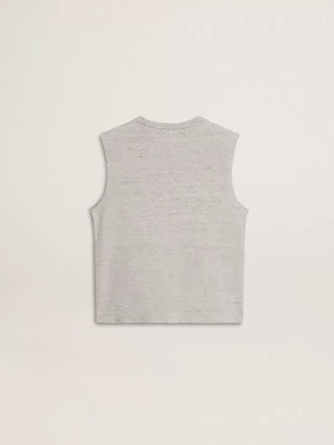 Grijs mouwloos T-shirt voor dames met gele print