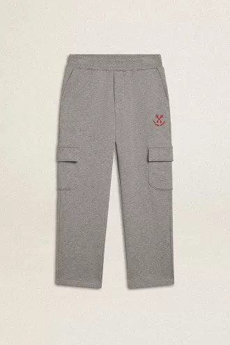 Grijze gemêleerde katoenen cargo joggingbroek met borduursel