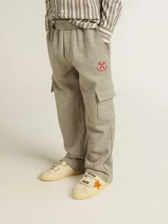 Grijze gemêleerde katoenen cargo joggingbroek met borduursel