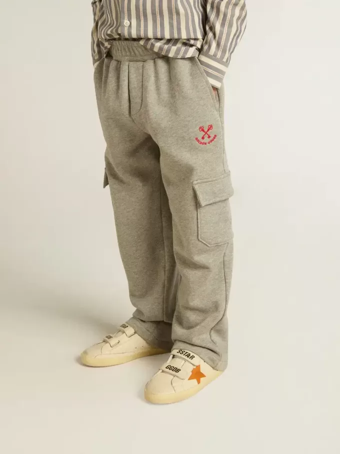 Grijze gemêleerde katoenen cargo joggingbroek met borduursel
