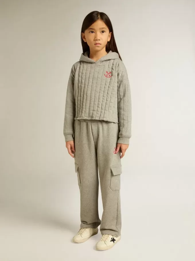 Grijze gemêleerde katoenen cargo joggingbroek met borduursel