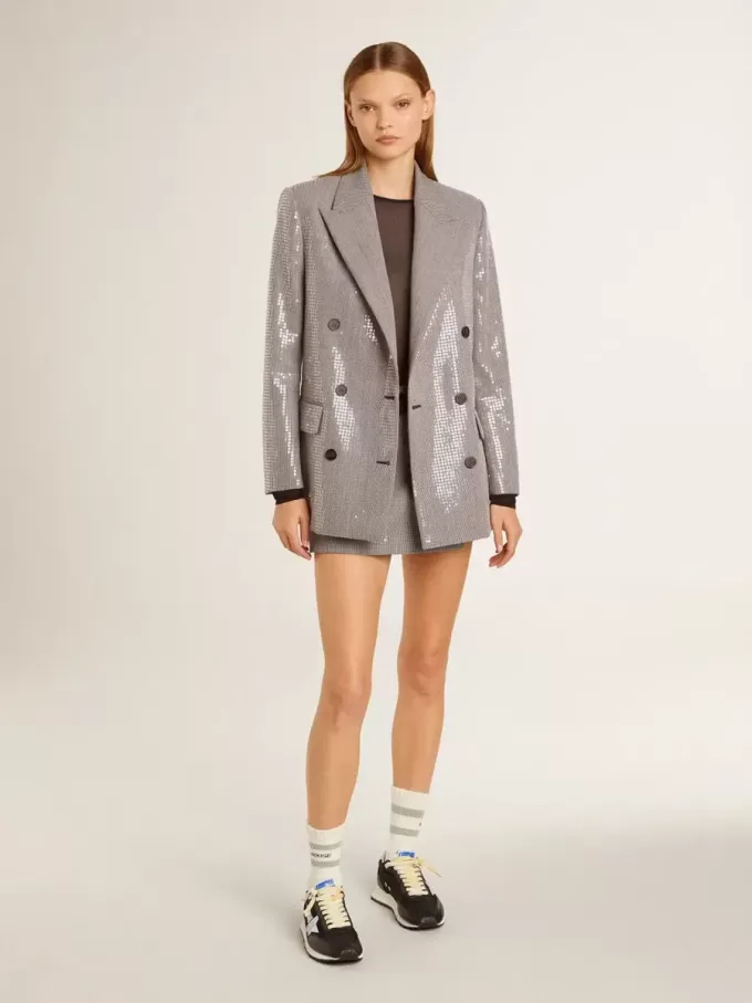 Grijze minishorts voor dames van wol met pied-de-poule-motief